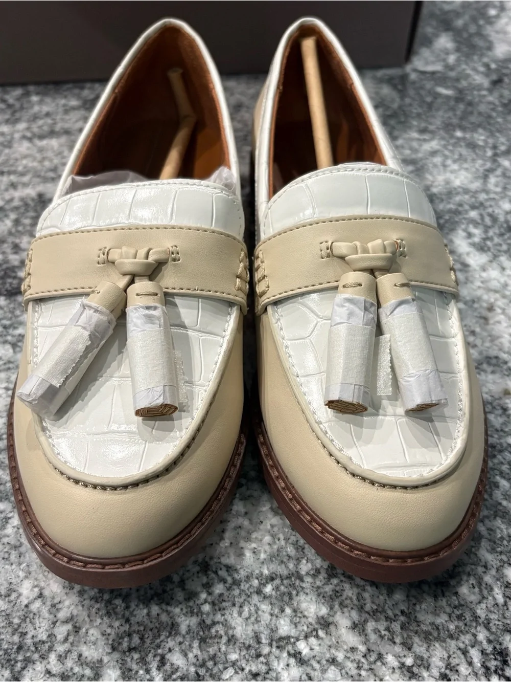 Franco Sarto Two-Tone Cream and White Tassel Loafers